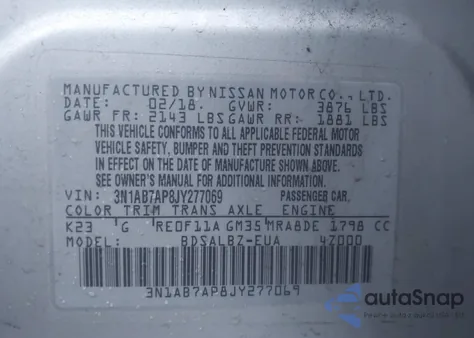 2018 Nissan Sentra S z USA, uszkodzony, nr VIN 3N1AB7AP8JY277069